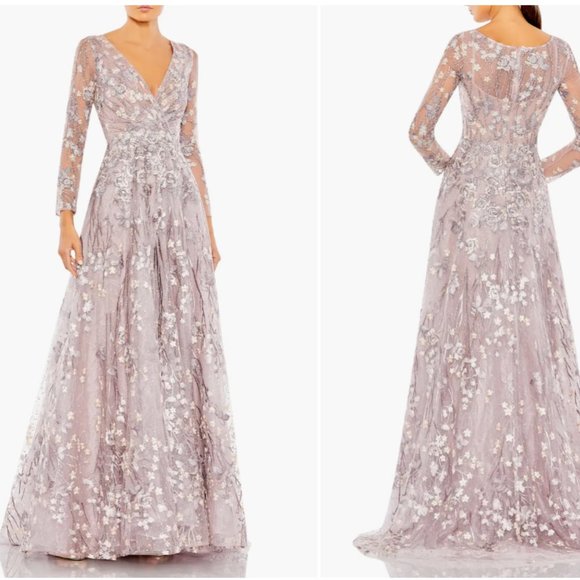 MAC DUGGAL FLORAL EMBROIDERED EMBELLISHED LONG SLEEVE MESH LILLAC GOWN sz 6 - Picture 1 of 5